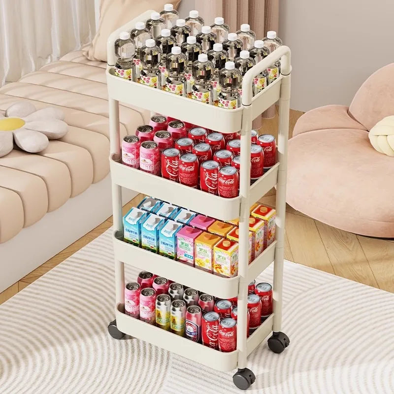 Trolley with Handlebar and Storage Rack, Floor-Standing, Multi-Layer Storage for Multiple Rooms
