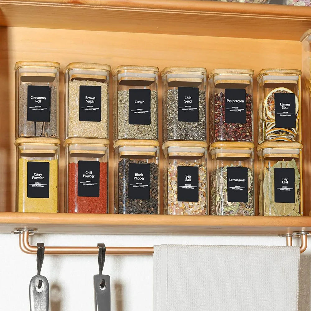 8oz Airtight Favorite Spice Glass Jars with Bamboo Lid & Black Labels