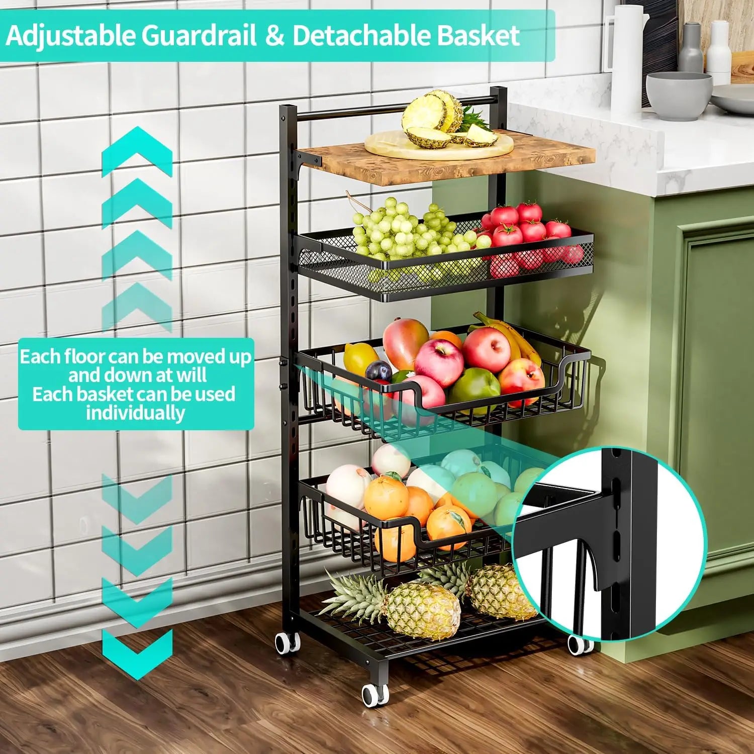 5-Tier Adjustable Kitchen Cart with Wheels, Large Capacity Vegetable Storage Rack for Snacks and Produce