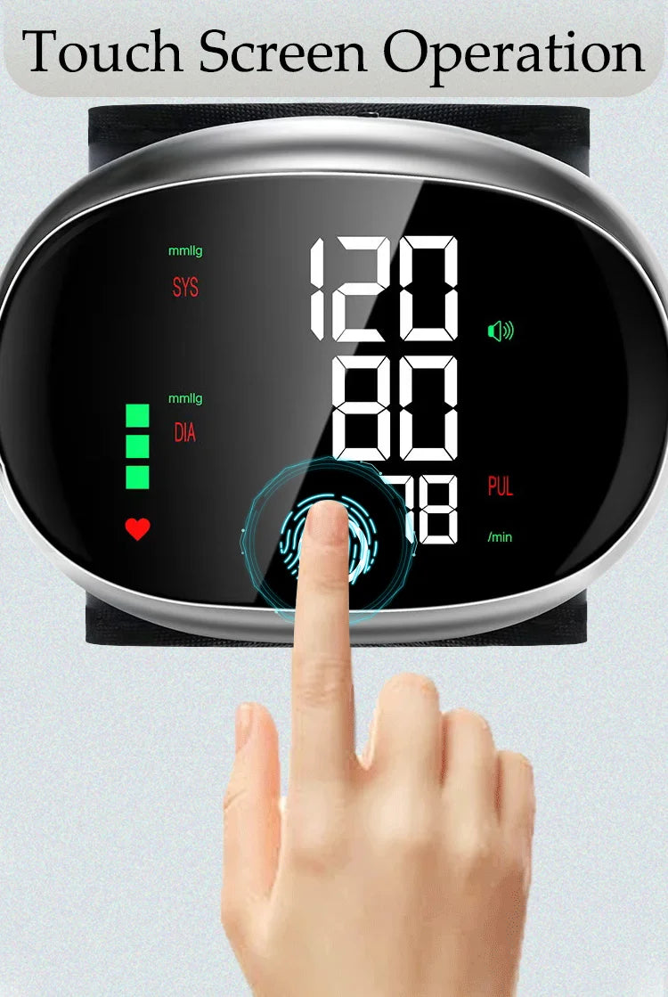 Digital Wrist Blood Pressure Meter Automatic Voice Tonometer Heart Rate Monitor Smart Touch LCD Screen Charge Sphygmomanometer