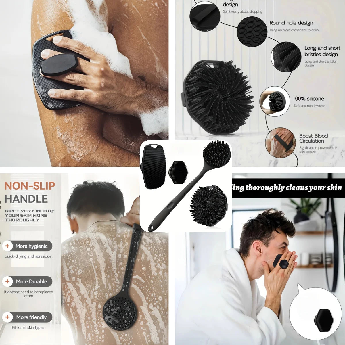 4-piece Soft Silicone Bath Brush Set With Non-Slip Handle