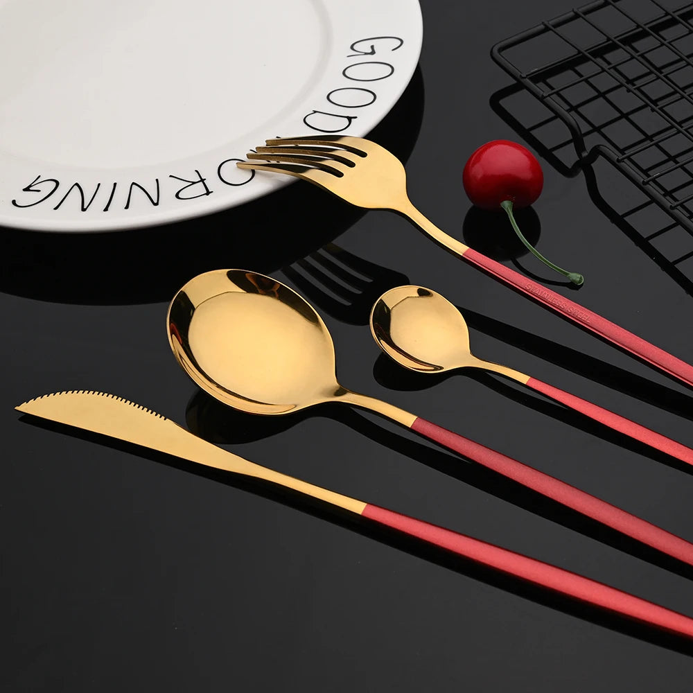 30Pcs Stainless Steel Dinner Black Gold Tableware Set