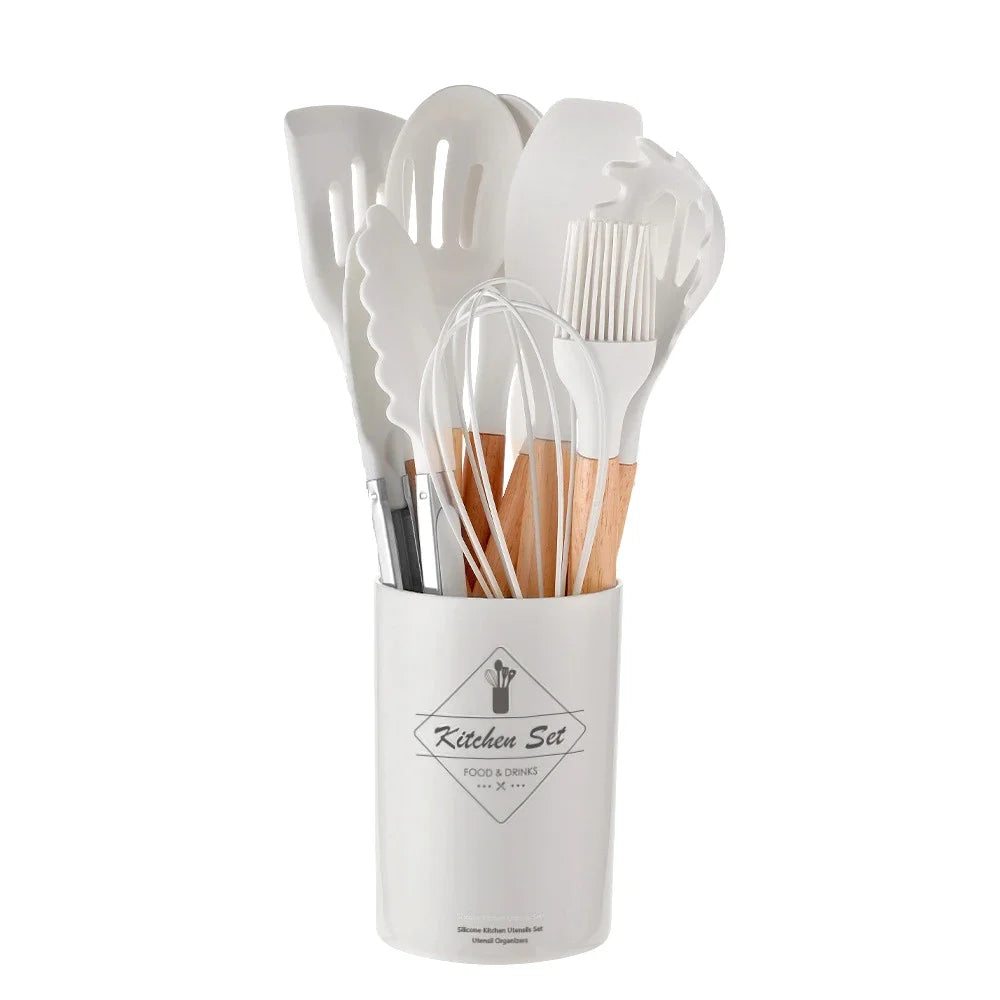12PCS Silicon Non-Stick Cookware Kitchenware Utensil Set with Wooden Handles