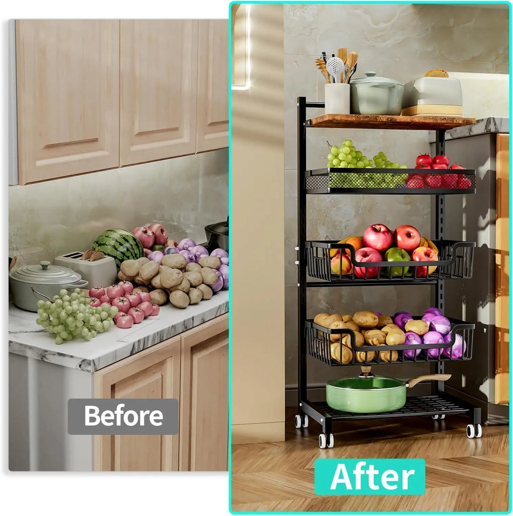 5-Tier Adjustable Kitchen Cart with Wheels, Large Capacity Vegetable Storage Rack for Snacks and Produce
