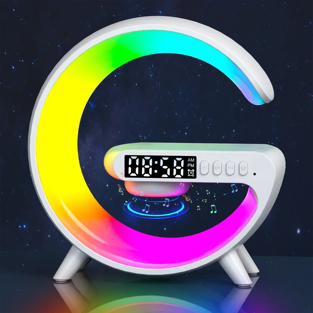 Multifunction Mini Wireless Charger Stand & Docking Station  Red, Green, & Blue Light Alarm Clock Speaker