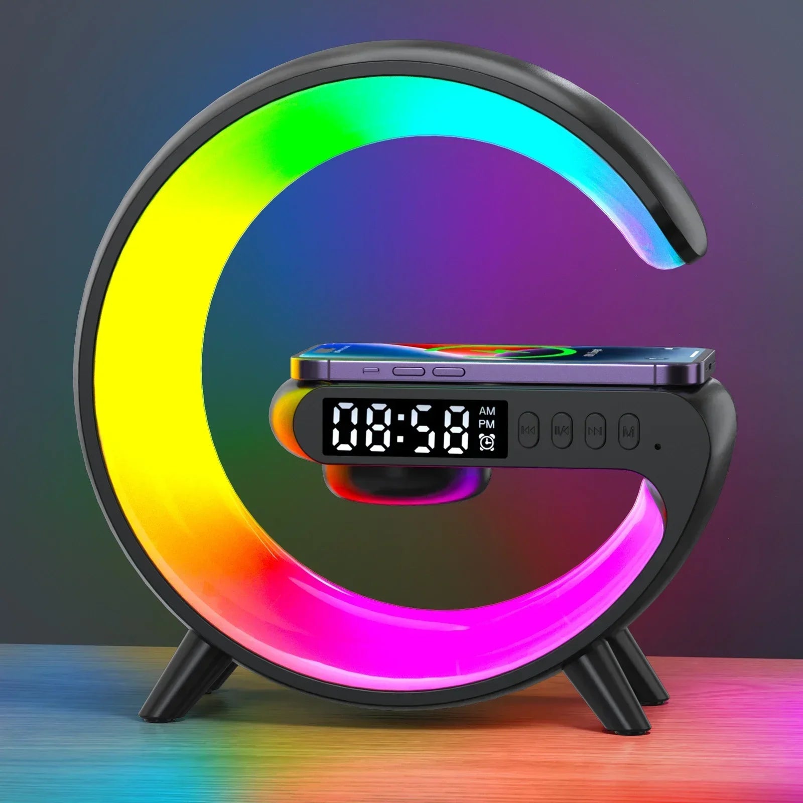 Multifunction Mini Wireless Charger Stand & Docking Station  Red, Green, & Blue Light Alarm Clock Speaker