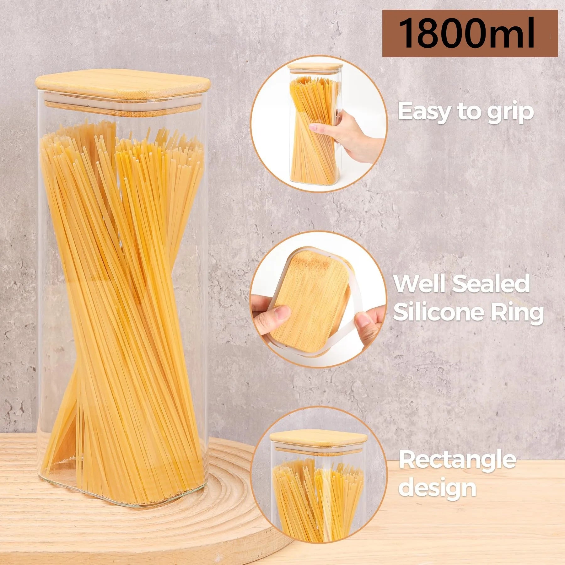 Rectangle Clear Storage Jars with Bamboo Lids Multi-Food Pantry Organizer Containers - Lovies Kitchenwares