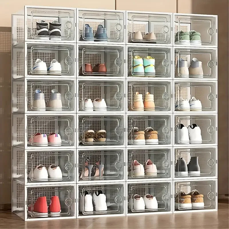 6 or 12 Transparent Stackable, Foldable, Organizing Shoe Storage Boxes With Lids