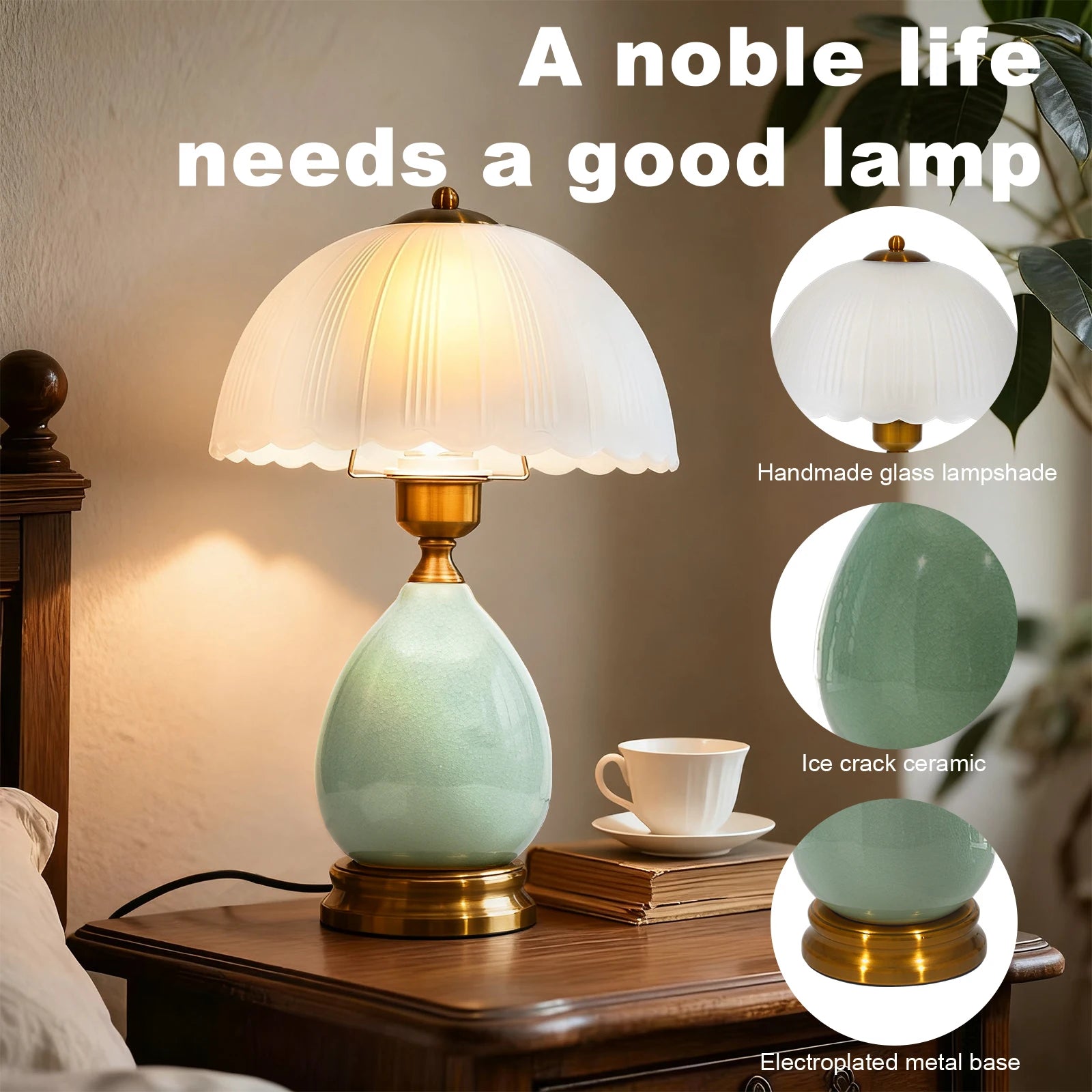 16" 3-Color Dimmable LED Vintage Green Ceramic Table Lamp