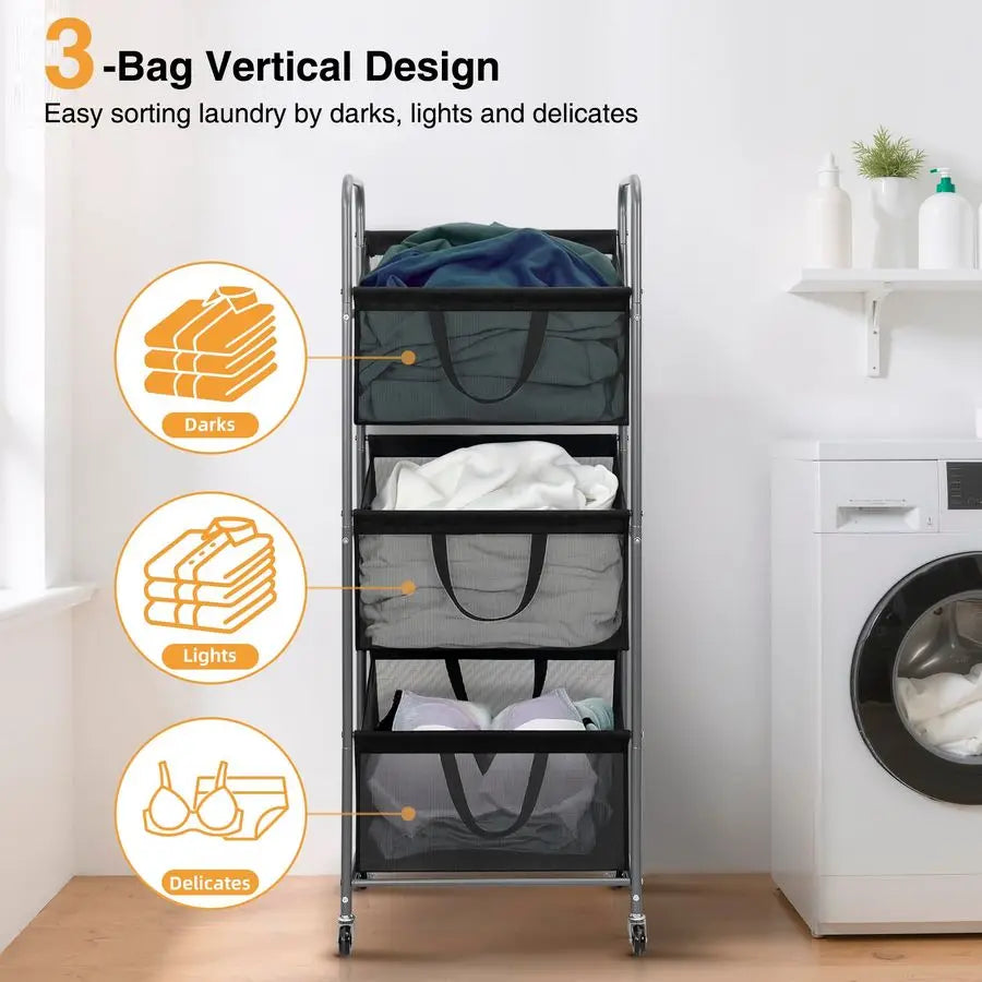 3Tier Vertical Rolling Stackable Laundry Hamper & Sorter with Removable Bags on Wheels