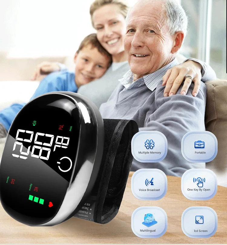 Digital Wrist Blood Pressure Meter Automatic Voice Tonometer Heart Rate Monitor Smart Touch LCD Screen Charge Sphygmomanometer