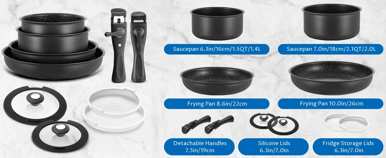 Induction Cookware Set 10 Pieces, Nonstick Pots and Pans Set with Removable Handles Stackable Design, Dishwasher