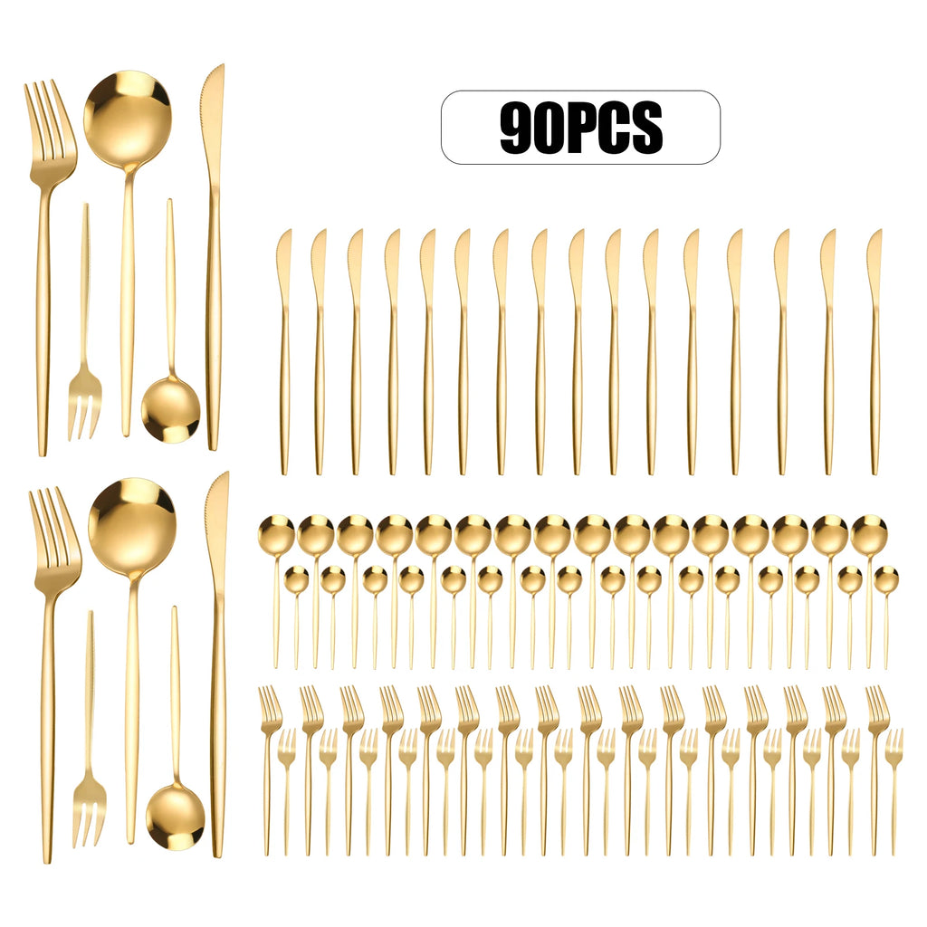 90Pcs Gold Stainless Steel Silverware Set - Heavy Duty Cutlery