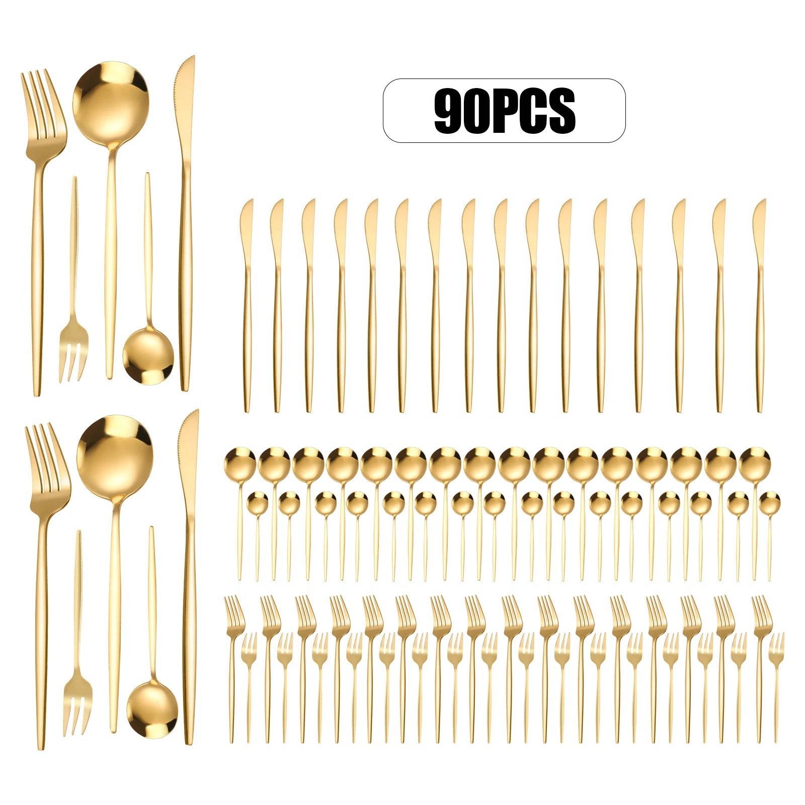 90Pcs Gold Stainless Steel Silverware Set - Heavy Duty Cutlery