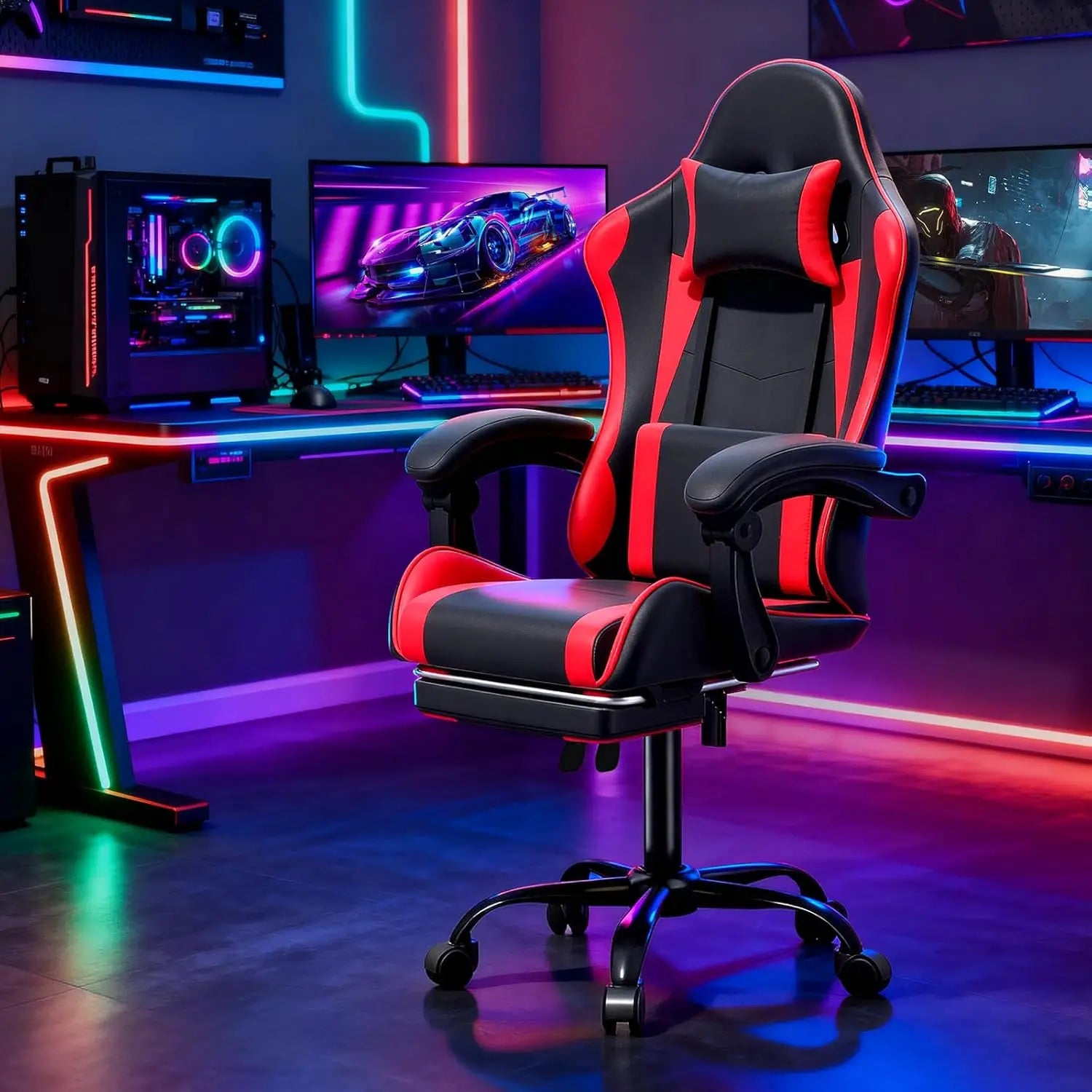 Ergonomic Design Computer Chair with Linkage Armrests, Height Adjustable Gamer Chair with Footrest and Headrest