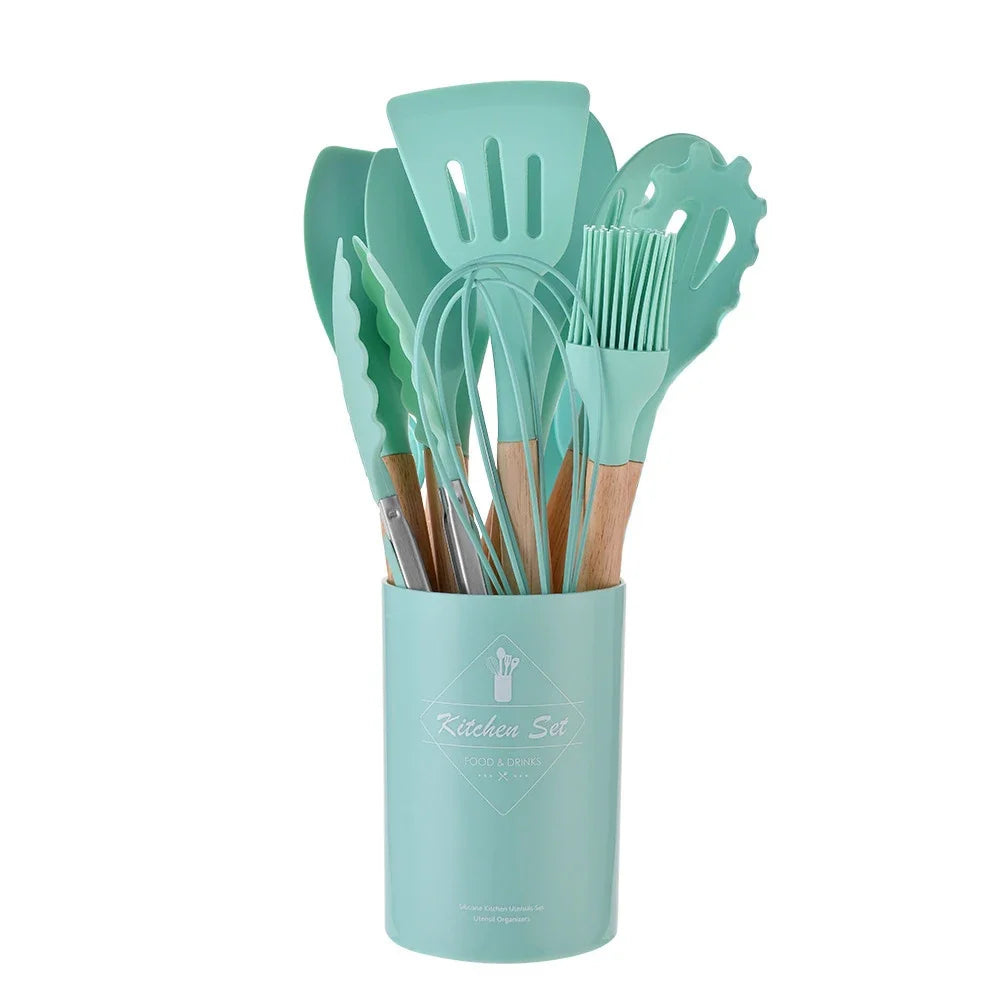 12PCS Silicon Non-Stick Cookware Kitchenware Utensil Set with Wooden Handles