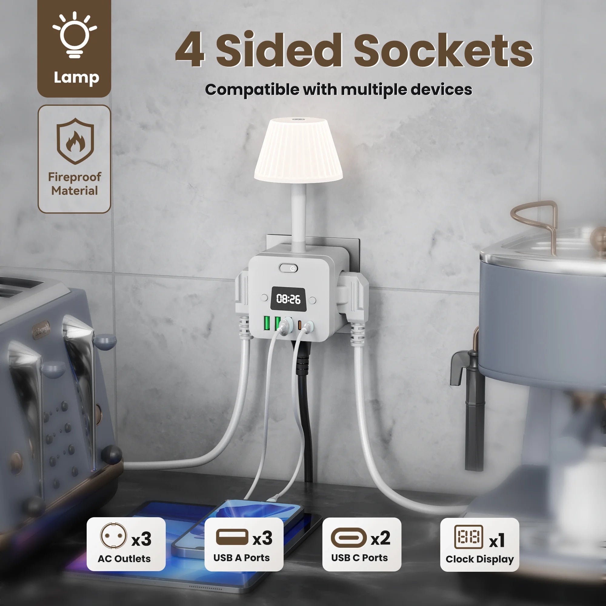 3-Outlet Clock Power Strip With Adjustable Night Light Socket and Surge Protection