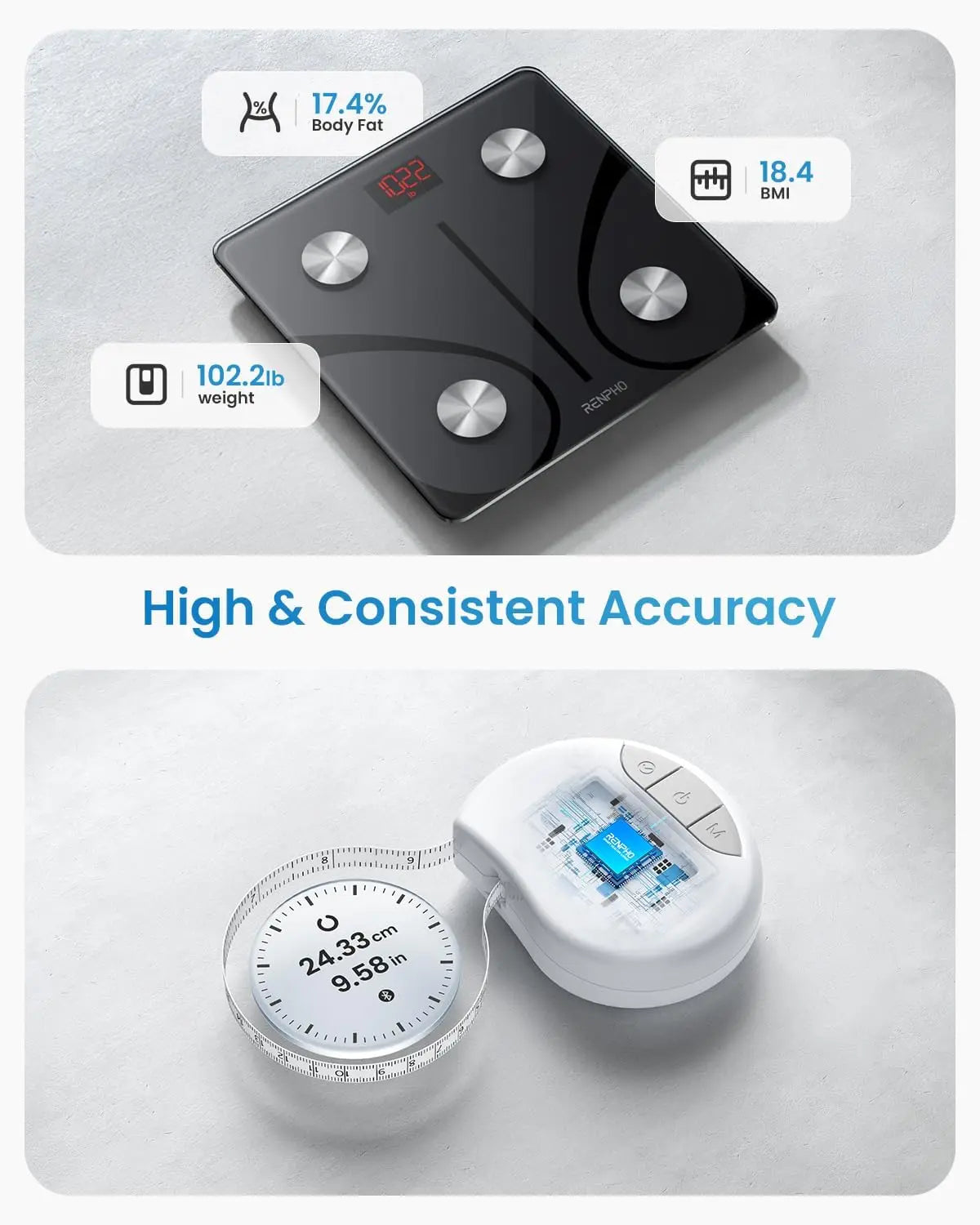 Smart Digital Scale with Bluetooth Tape Measure for Body Tracking Weight Loss & Muscle Gain, Up to 400lbs