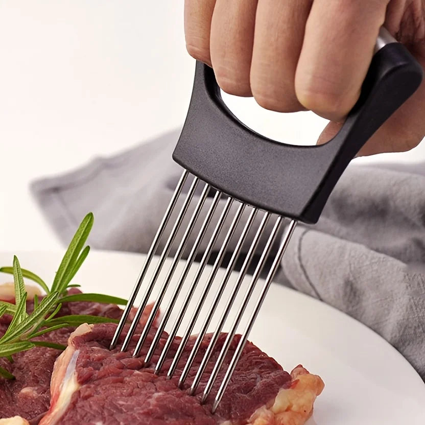 1pc Stainless Steel Multi-Purpose Onion Slicer Holder & Meat Tenderizers With Full Grip Handle