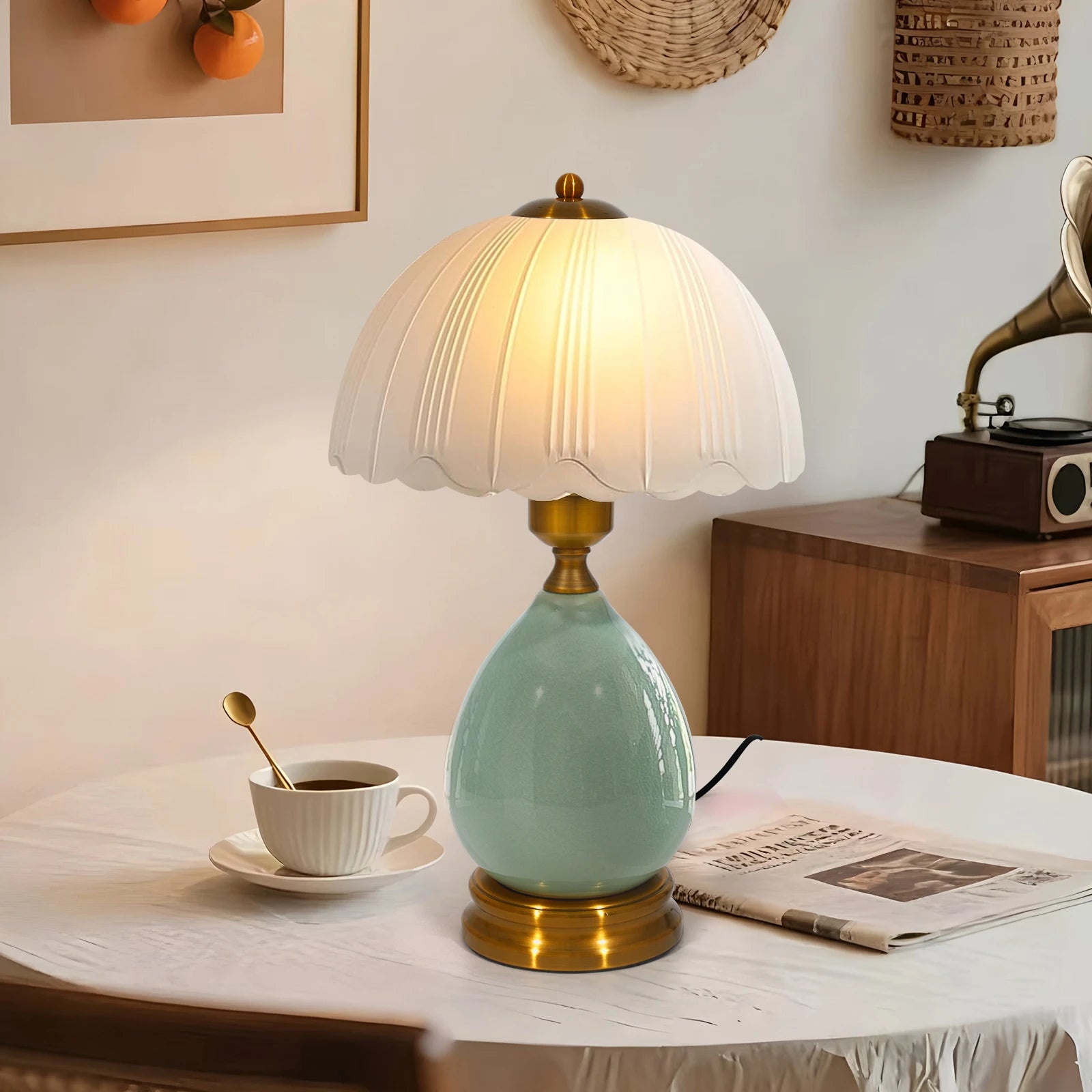 16" 3-Color Dimmable LED Vintage Green Ceramic Table Lamp