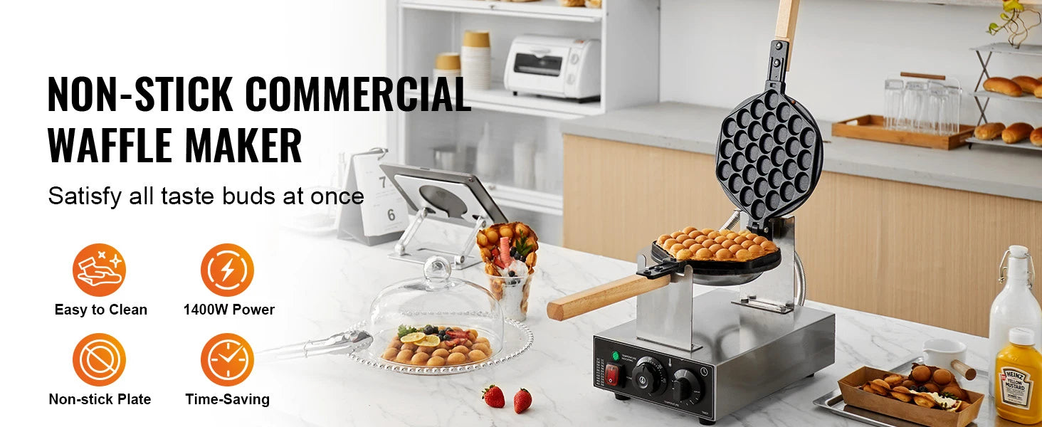 Commercial Egg Bubble Waffle Maker 1400W Non-Stick Stainless Steel w/180° Rotatable 2 Pans & Wooden Handles