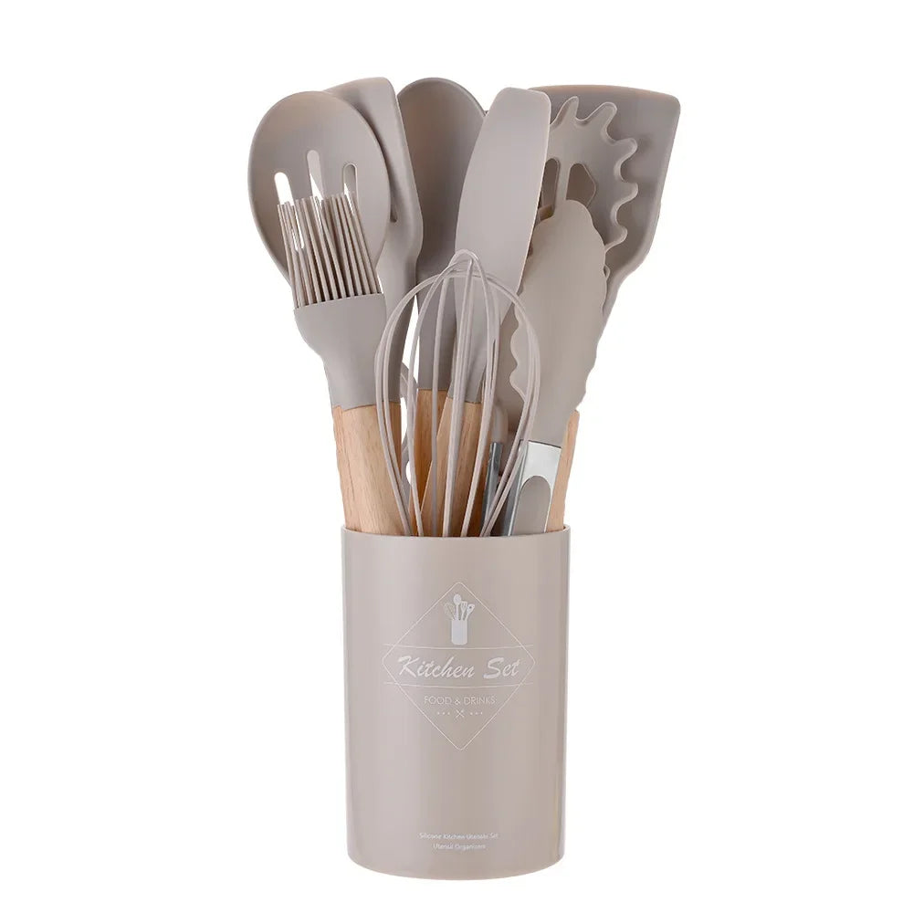 12PCS Silicon Non-Stick Cookware Kitchenware Utensil Set with Wooden Handles