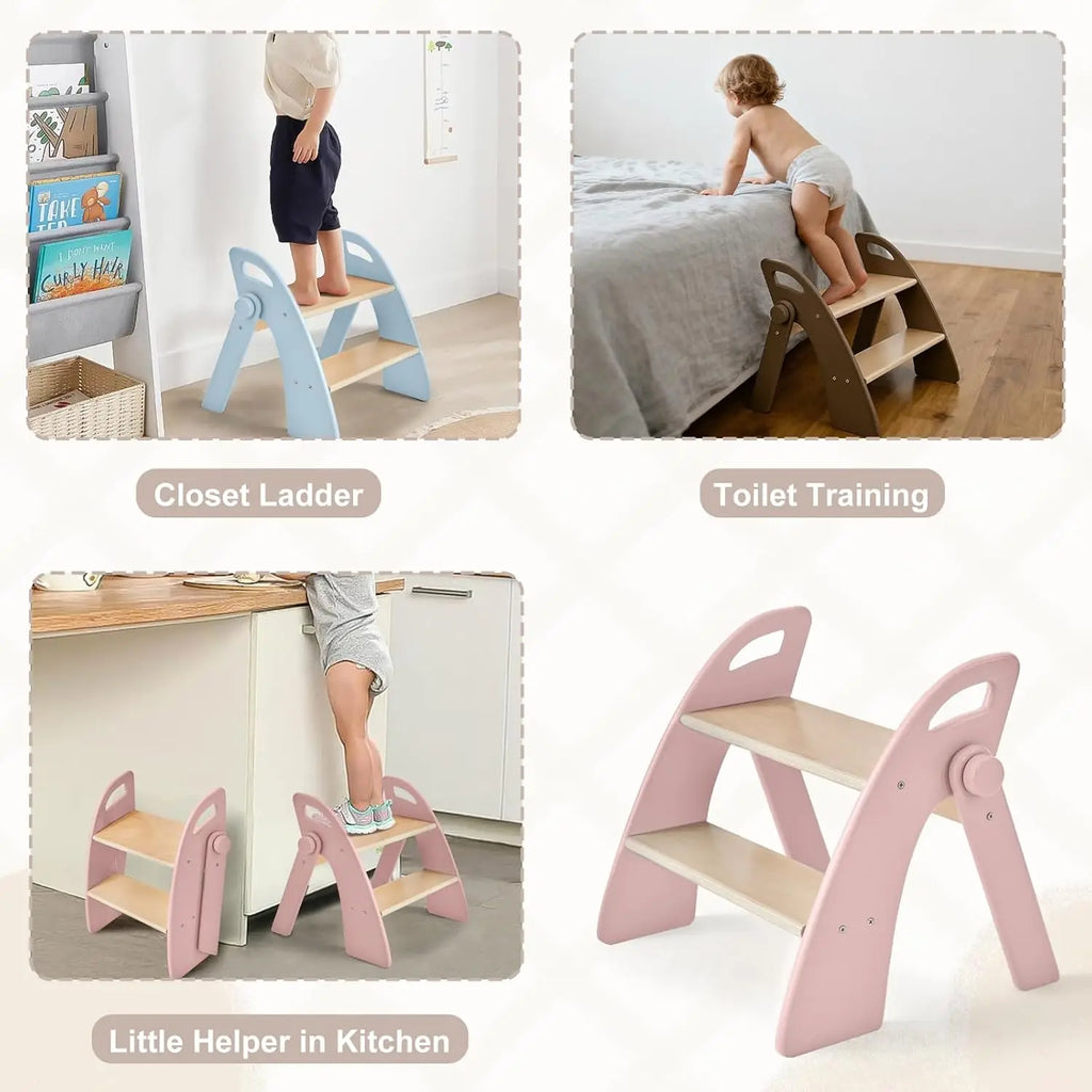 Sturdy Foldable Pink Anti-Slip 2-Step Wooden Stool for Kids or Adults