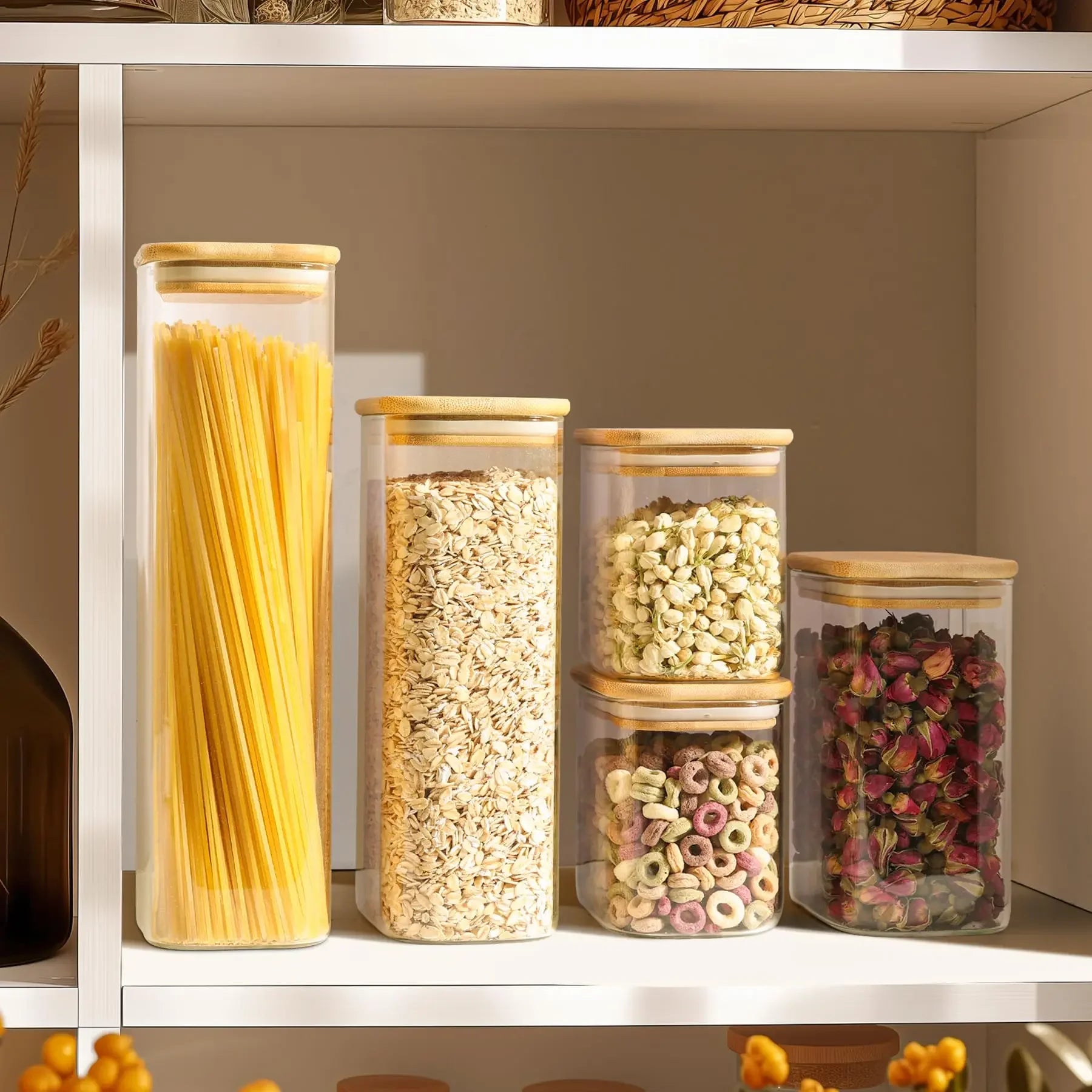 Rectangle Clear Storage Jars with Bamboo Lids Multi-Food Pantry Organizer Containers - Lovies Kitchenwares