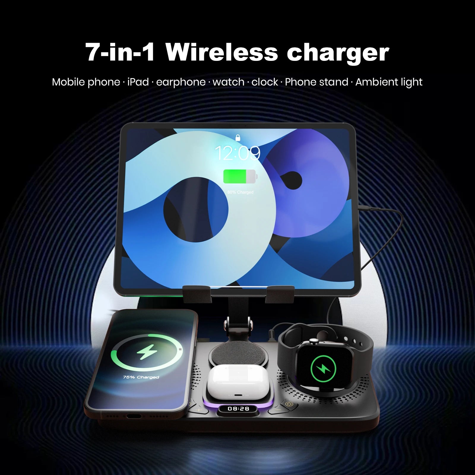 7 in 1 Wireless Fast Charging Station and Night Lamp Clock