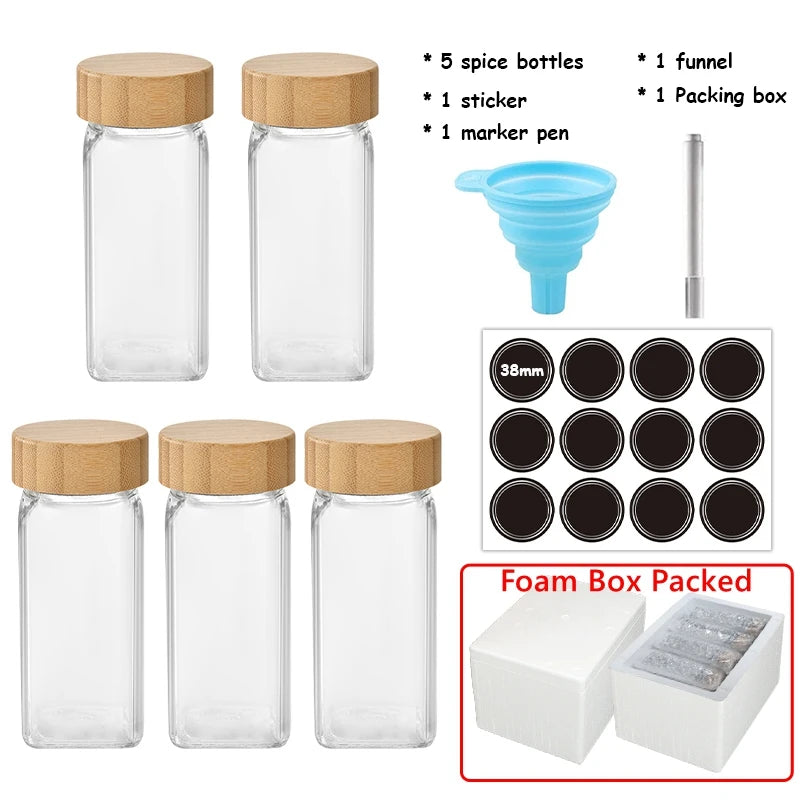 5Pcs Glass Organizer Kitchen Favorite Spice Jar Set With Bamboo Lid