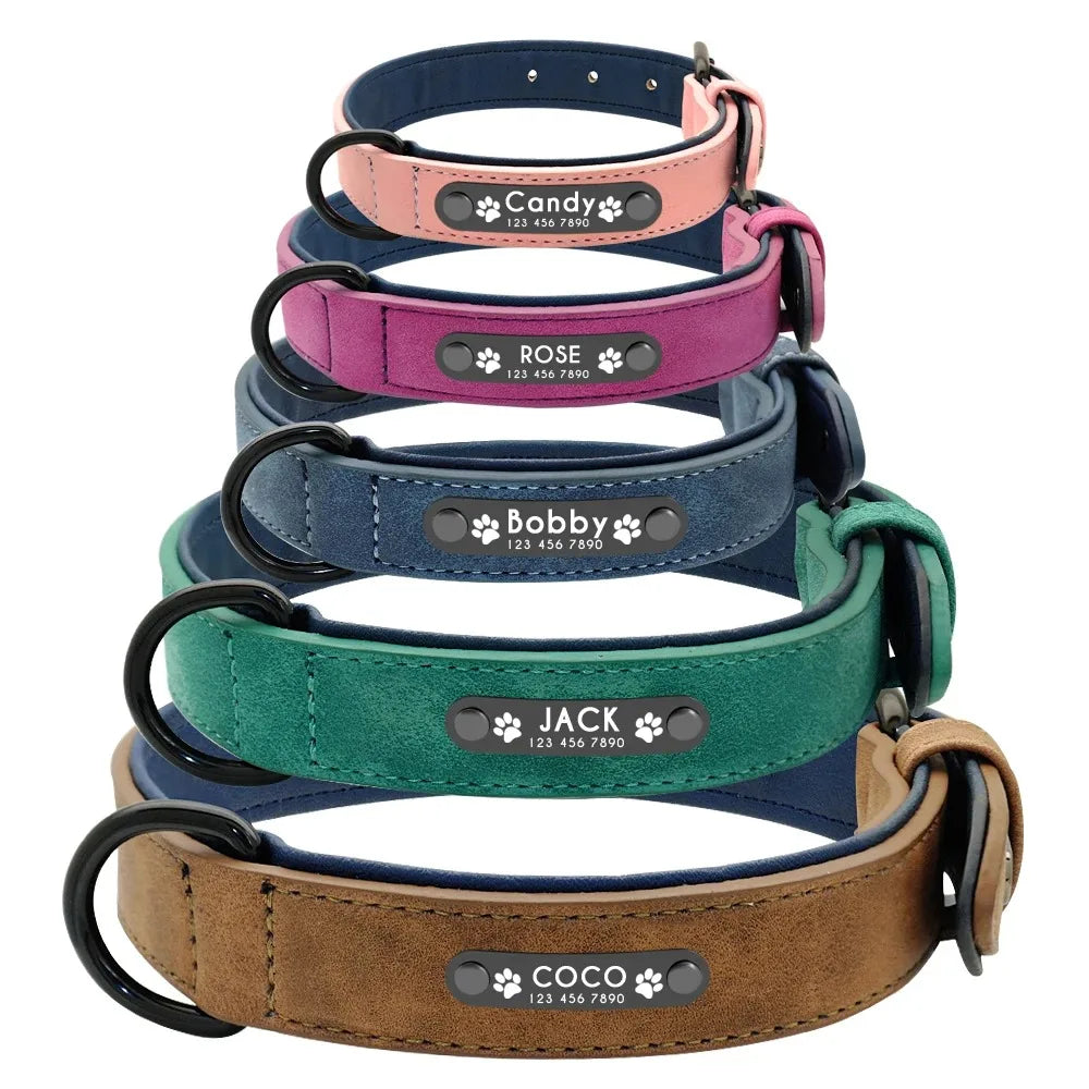 Personalized Name ID Tags Leather Dog Collars Custom Text Name