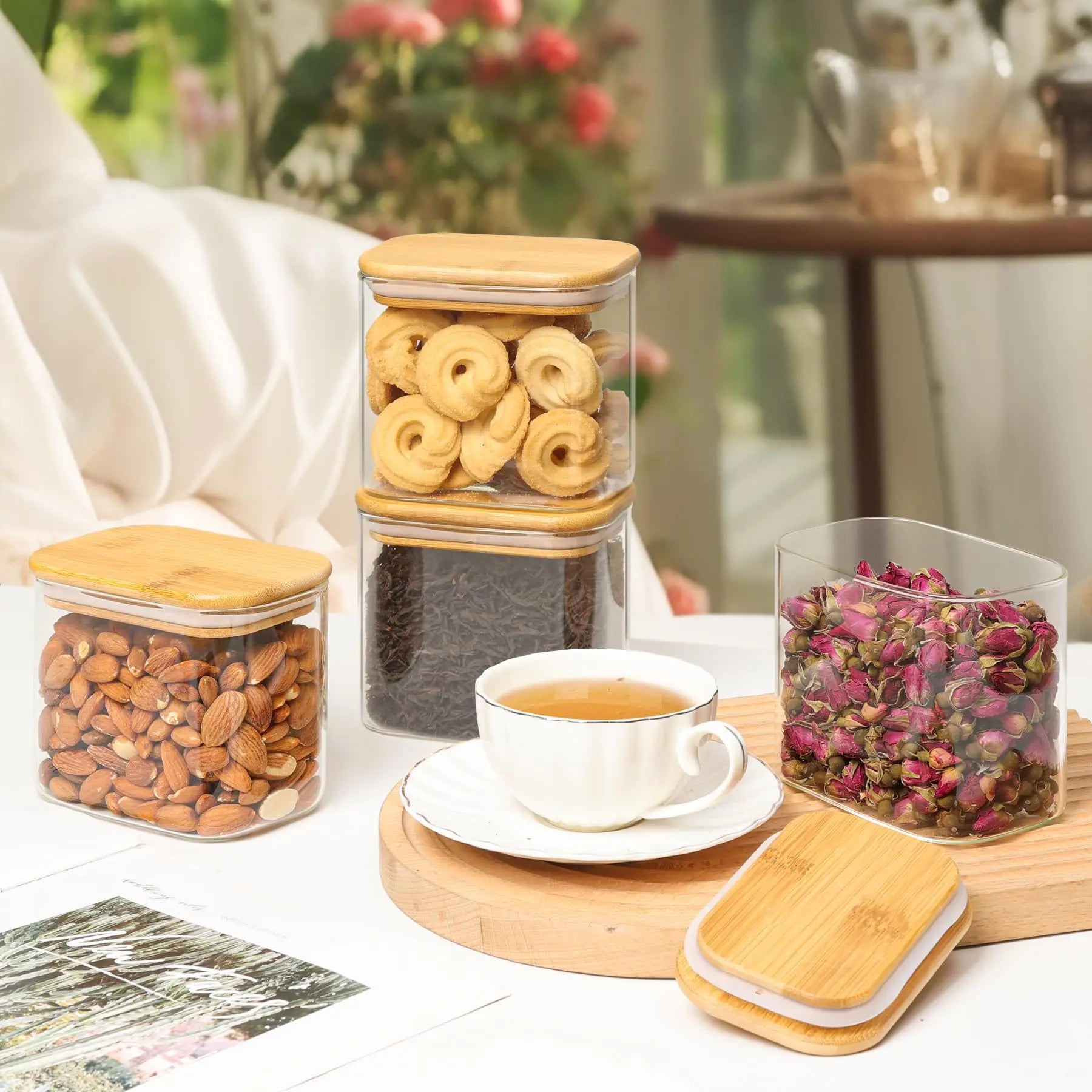 Rectangle Clear Storage Jars with Bamboo Lids Multi-Food Pantry Organizer Containers - Lovies Kitchenwares