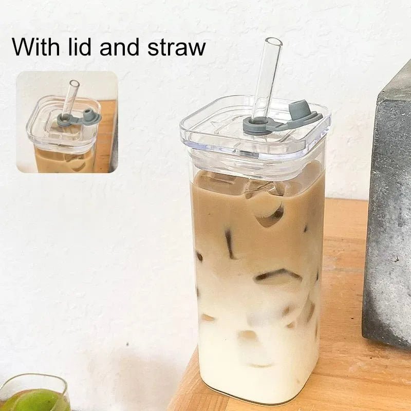 1 or 2 Pcs Transparent Square Heat-Resistant Drink Glass Cup With Lid and Straw - Lovies Kitchenwares