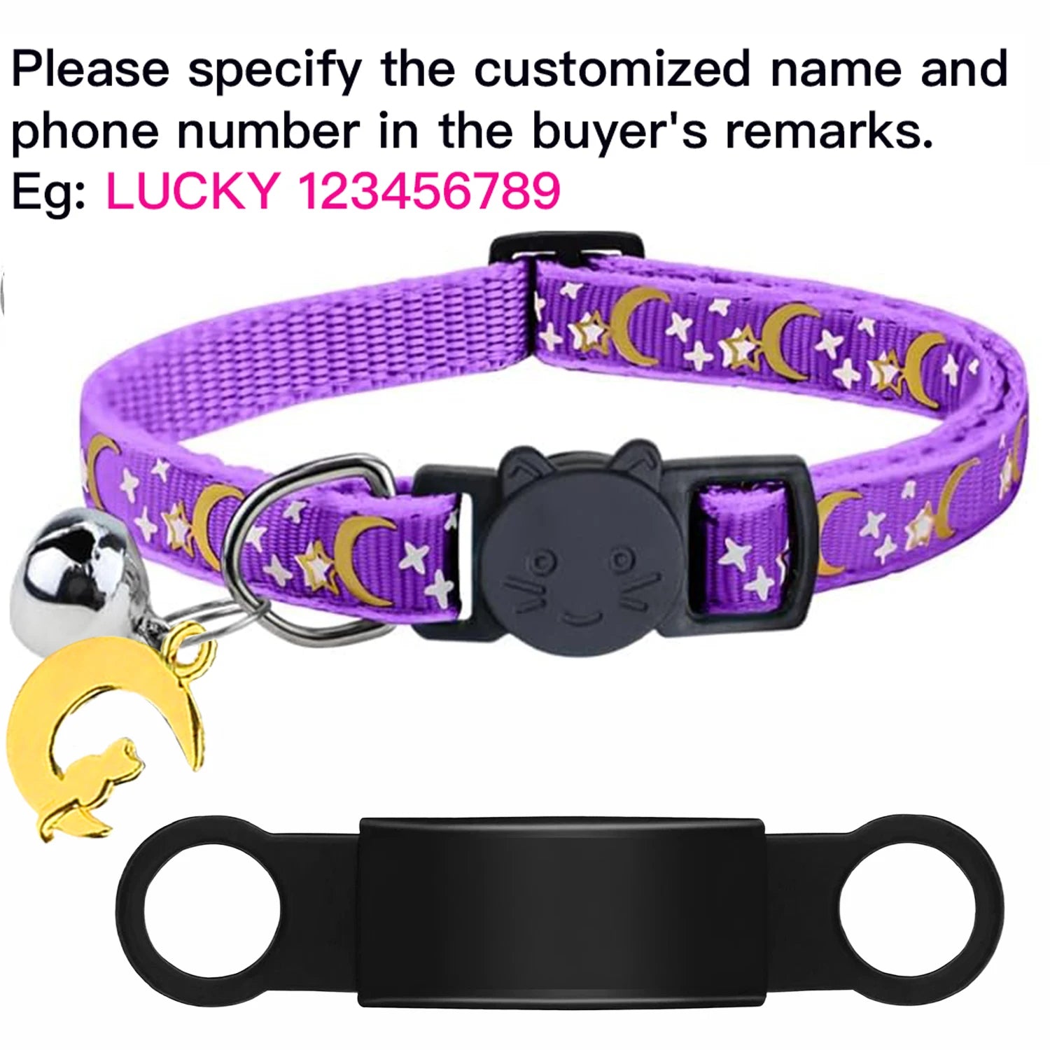 Customized Cute Glow Bell & Moon Ornament Cat Collar With Free Engraved Anti-lost Pet ID