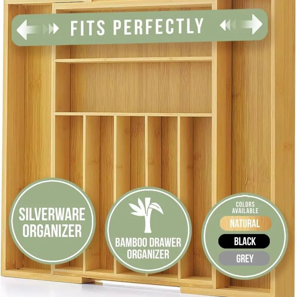 Bamboo Drawer Organizer - Expandable Silverware Organizer & Utensil Drawer Organizer, Cutlery Tray with Dividers, 7-9 Slots- Kit