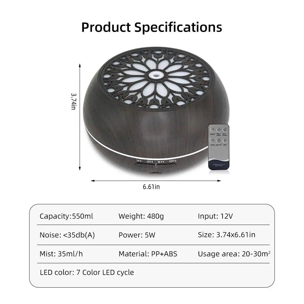 550ml Essential Oil Diffuser with Remote, 6 Scents, Auto-Off Safety, Aromatherapy Humidifier