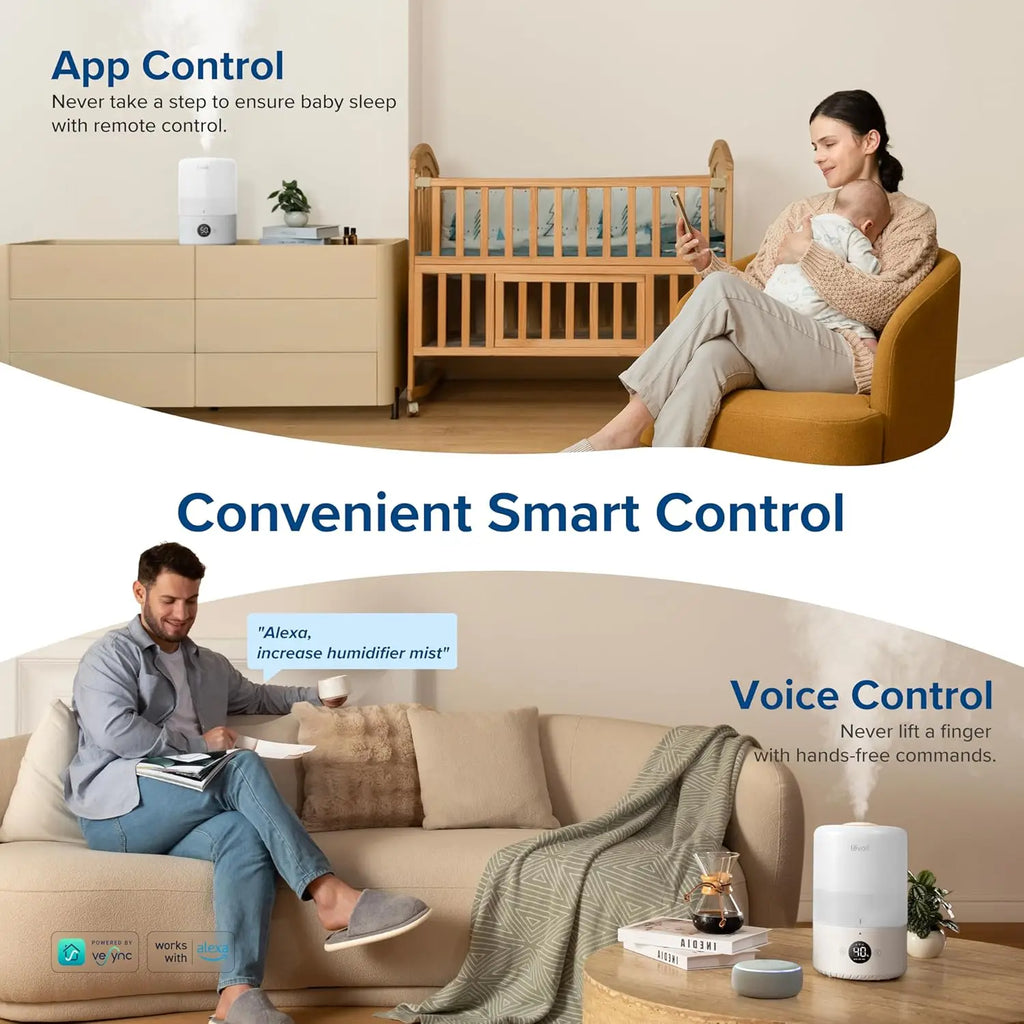 Smart Cool Mist Humidifier with App Control, Auto Humidity Setting, Voice Control & Essential Oil Diffuser - 3L White