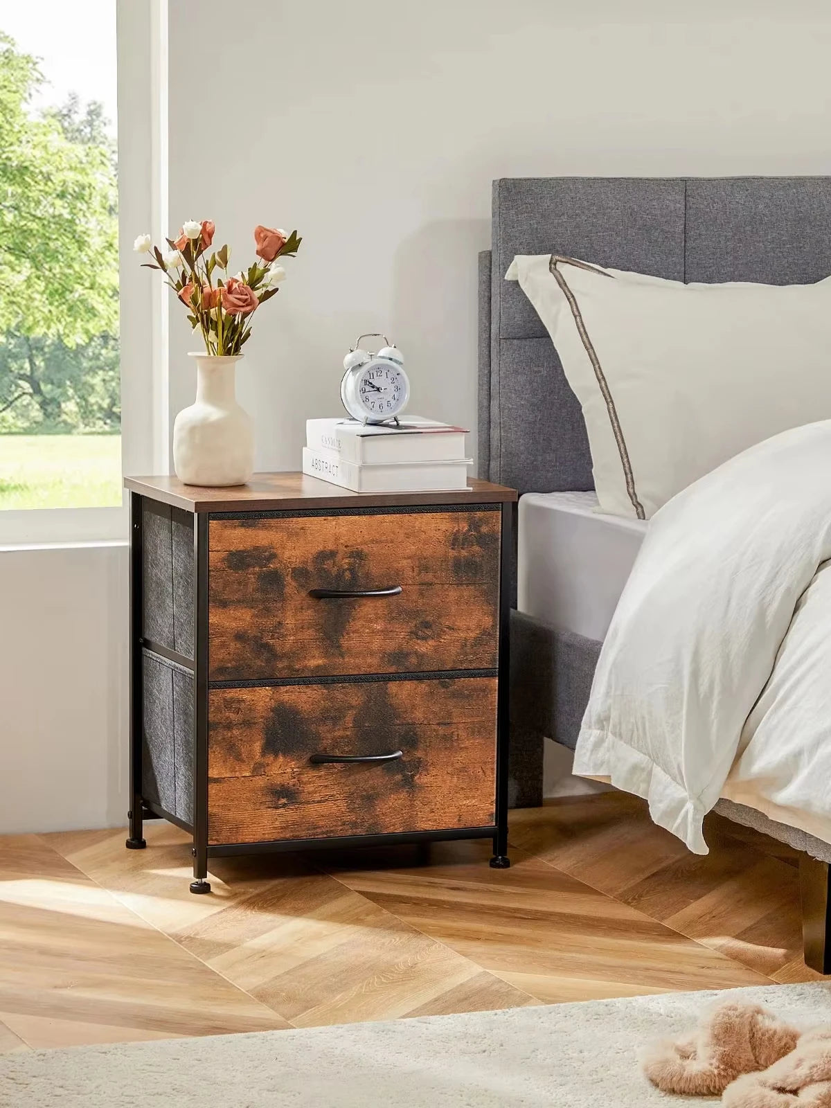 Bedside Nightstand Featuring 2 Fabric Drawers Cabinet Furniture