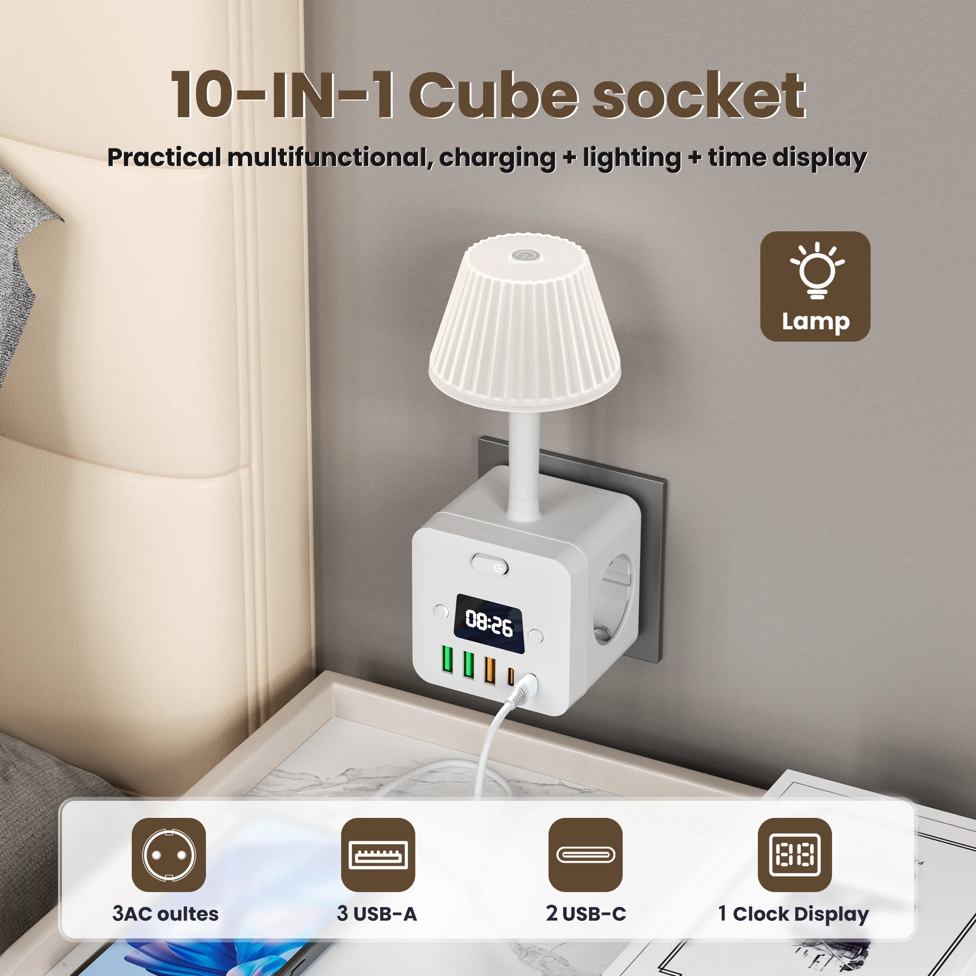 3-Outlet Clock Power Strip With Adjustable Night Light Socket and Surge Protection
