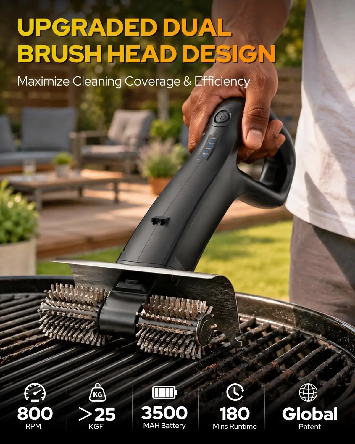 2026 Electric Grill Brush with 2 Brush Heads, 800RPM 25kgf High Torque BBQ Cleaner, 3500mAh Battery, 180 Mins Long Runtime, Extended Handle, Works as Grill Scraper for Tough Grease - Lovies Kitchenwares