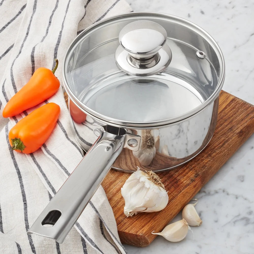 Oven Safe Stainless Steel Saucepan with Straining Lid 1qt Dishwasher Safe Induction Compatible Heat Resistant Glass Lid