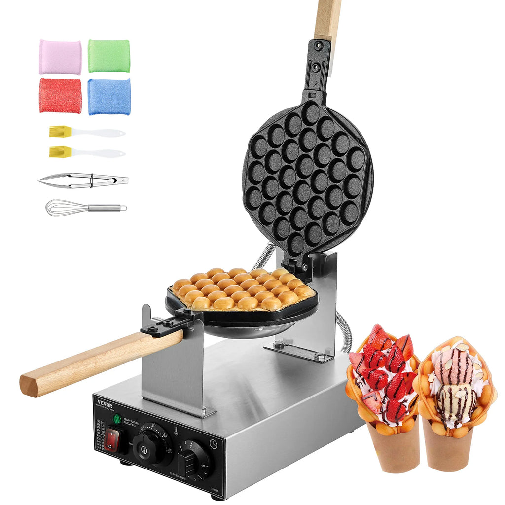 Commercial Egg Bubble Waffle Maker 1400W Non-Stick Stainless Steel w/180° Rotatable 2 Pans & Wooden Handles