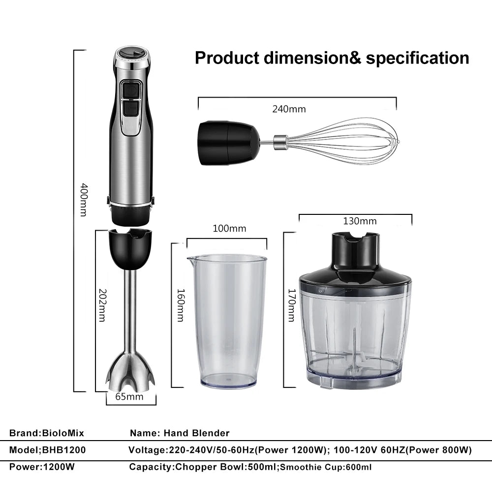 BioloMix 4 in 1 High Power Hand Immersion Stick With Chopper & Smoothie Cup & Stainless Steel Ice Blades