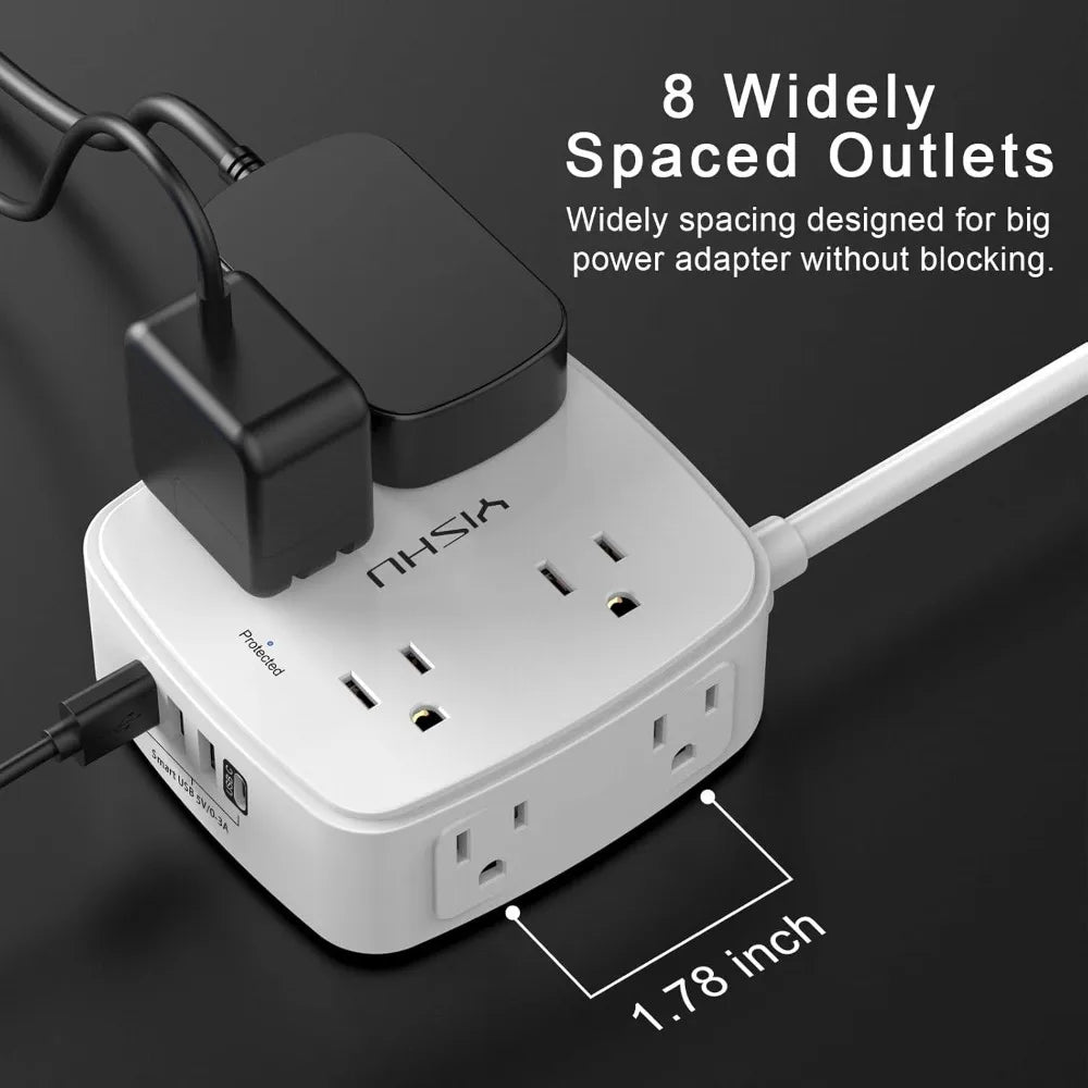 8 Outlet Surge Protector with 4 USB Ports, 6ft Cord, Flat Plug, Wall Mount, 3-Side Design, ETL