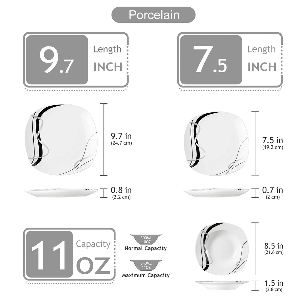 18/36-Piece Porcelain Ceramic Black Line Kitchen Tableware Dish Set with Dinner, Dessert, and Soup Bowl