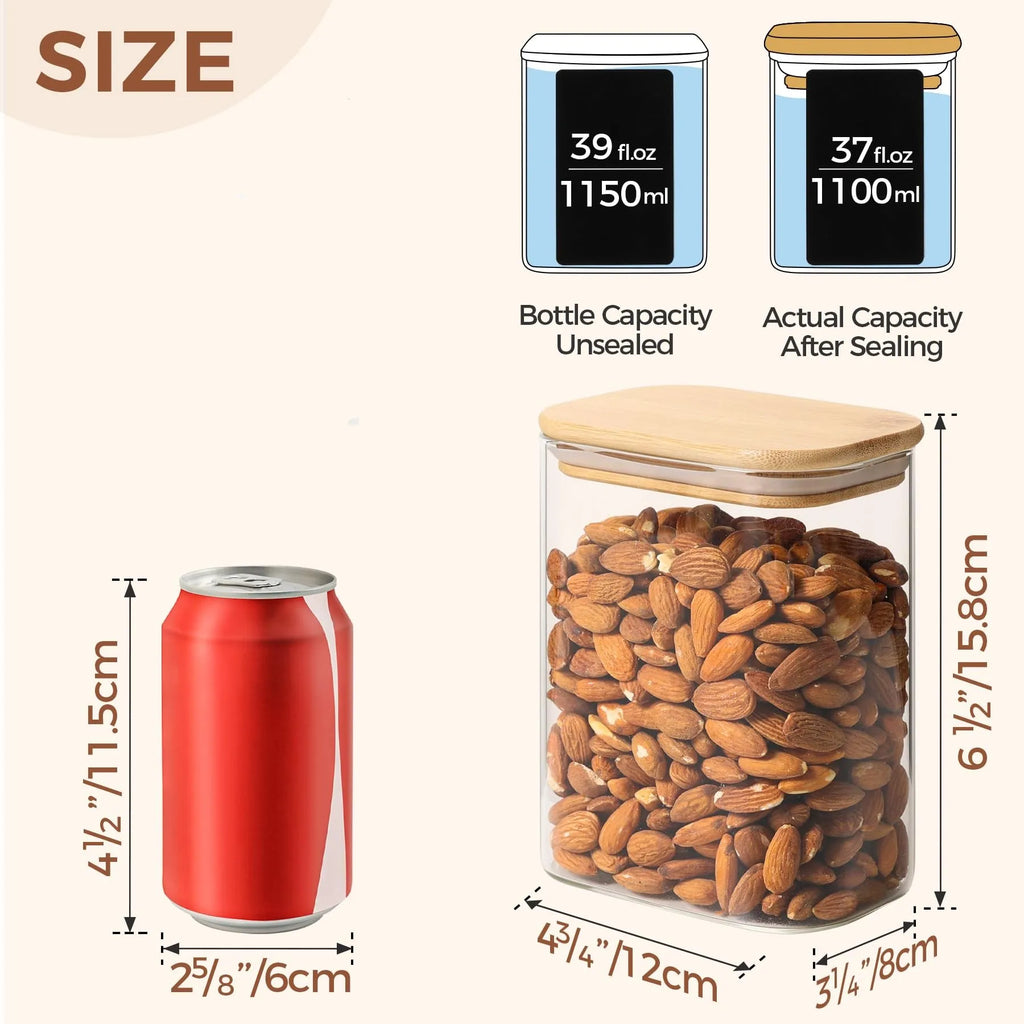 Rectangle Clear Storage Jars with Bamboo Lids Multi-Food Pantry Organizer Containers - Lovies Kitchenwares