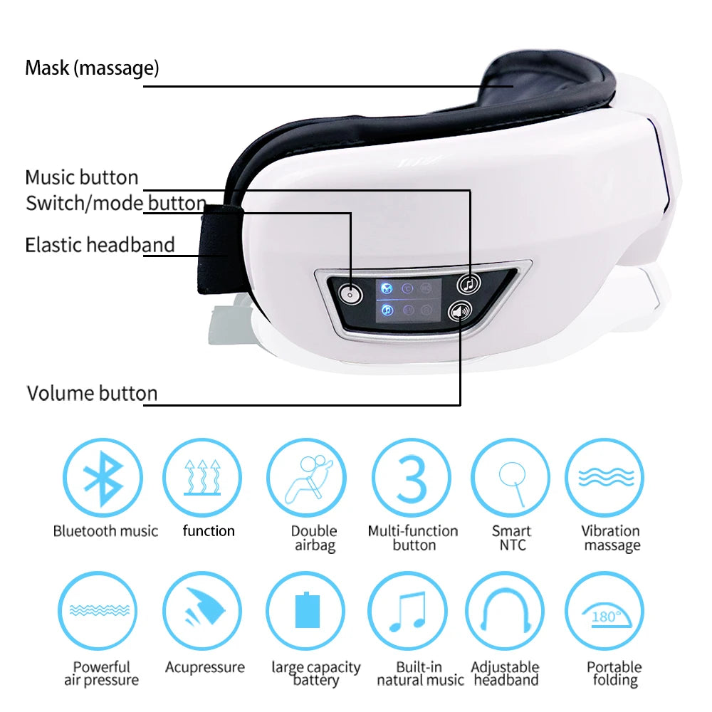 6D Smart Eye Vibrating Massager, Airbag Compress Eye Care, Bluetooth Music Ready