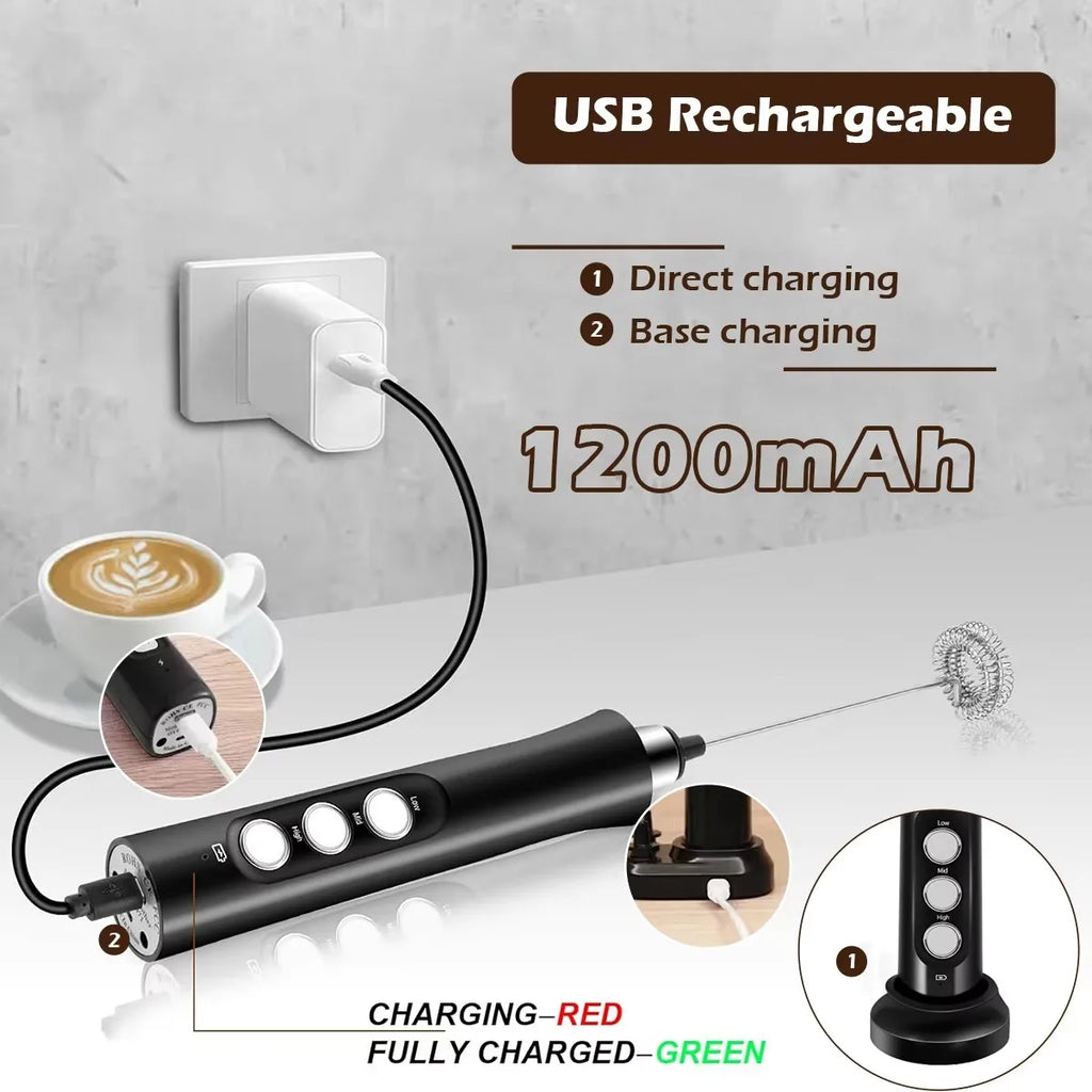 Electric Milk Frother - 3 Speeds, Handheld Foam Maker for Latte, Cappuccino, Hot Chocolate - USB Rechargeable