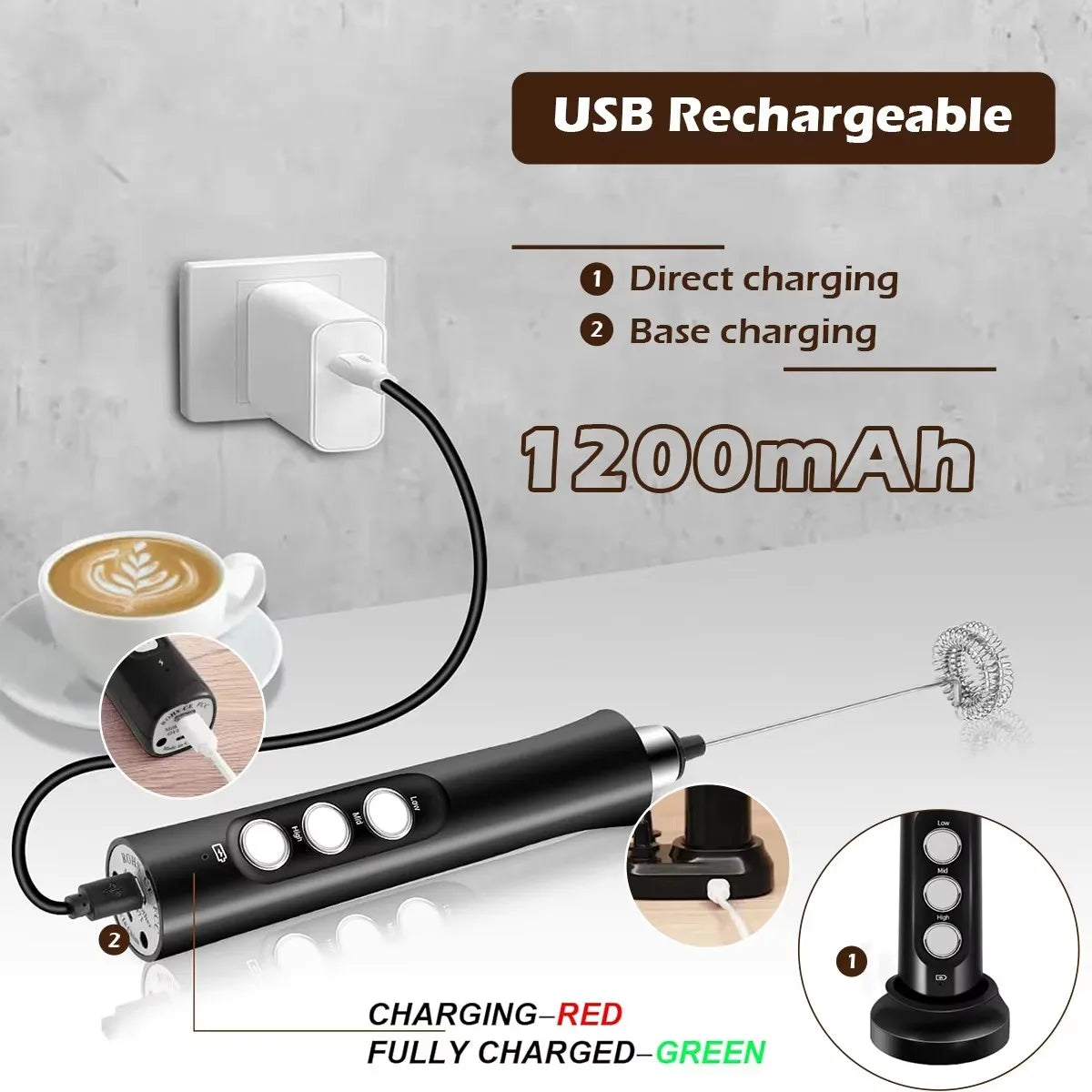 Electric Milk Frother - 3 Speeds, Handheld Foam Maker for Latte, Cappuccino, Hot Chocolate - USB Rechargeable