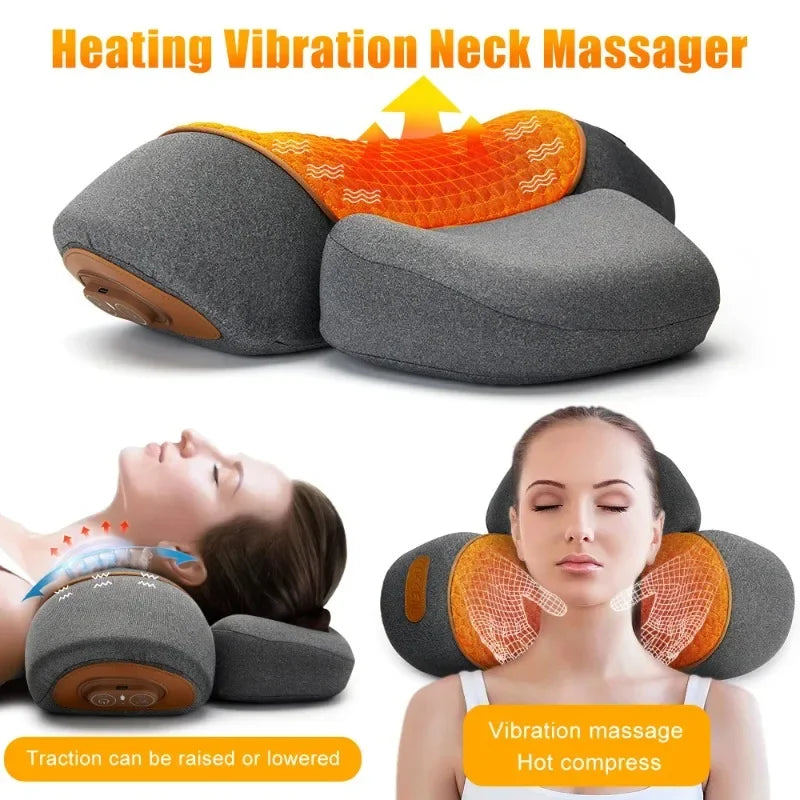 Electric Cervical Pillow Neck & Shoulder Massager with Hot Compress Heating Vibration Pillow Back Traction